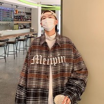 SJW 봄가을 남성 남방 셔츠 배색 체크 오버핏 긴팔 상의 캐주얼 빅사이즈 S~4XL