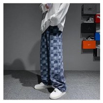 한국판 ins 하라주쿠 팬츠 체크 빈티지 일자 청바지 남녀 와이드 팬츠 코디 팬츠