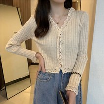 퐁순싸롱 얇은 핑크 골지 레이스 크롭 숏 면 니트 가디건 YJ