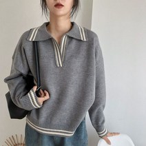 여성 봄 가을 겨울 루즈핏 카라 브이 넥 라인 배색 니트 스웨터