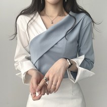 리리의감각 여성 언발 배색 오프숄더 브이넥 랩 티셔츠