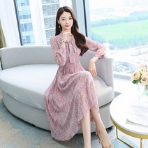 KORELAN 핑크 쉬폰 꽃 드레스 성 긴팔 하이 웨이스트 슬림 성 스커트 스팟