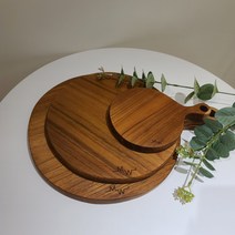 모어우드 나무도마 티크 원목 플레이팅 수제 캠핑 도마, 원형손잡이도마 (미니) 20 x 14cm