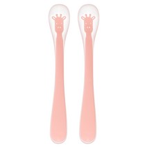 퍼기 동물 실리콘 이유식 스푼, 2개, 기린핑크