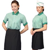 [ USE103 ] 녹색/초록색/체크무늬/배색/여자용/여성용/서빙복/유니폼/호텔용/식당용/써빙용/여셔츠/반소매/반팔/블라우스
