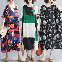 지홍 여름 빅사이즈 롱원피스 면마 레이온 나염원피스 오버핏 미시 마담 홈웨어