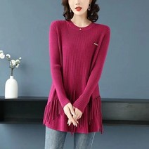 라운드 넥 술 니트 탑 여성용 한국 패션 긴 소매 여성 단색 빈티지 미디 티셔츠 2022 년 가을/겨울 상