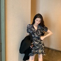 2021 여성 드레스 새로운 여름 틈새 허리 느슨한 V 넥 플로럴 스커트 쉬폰 학생 여성