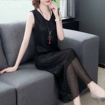 롱원피스 여자 쉬폰 린넨 여름 원피스 세련된 밝은 실크 캐주얼 민소매 선드레스 빈티지 우아한 V넥 의류 A 라인 통근 루즈 미디 드레스
