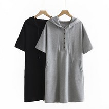 L-3XL 반팔 후드원피스 여자 빅사이즈옷 꾸안꾸룩 편한 롱원피스 홈웨어 산책코디