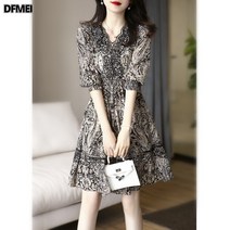 DFMEI 투톤 빈티지 브이넥 펀칭 아담한 페이즐리 플라워 프린트 루즈 원피스 여