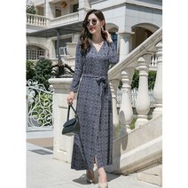 페미닌 가을 패턴 맥시 랩 원피스 롱 긴팔 DVF스타일 스퀘어무늬 A18