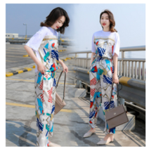 줄리엣이뽀 (당일발송) 화이트면티와 실크소재의 화려한 체인 컬러 패턴이 멋스러운 허리 밴딩 팬츠 투피스 세트룩 데일리 굿 마지막 세일!!! 146