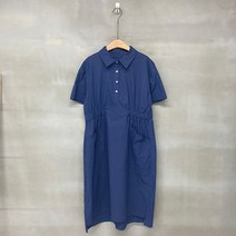 원타임 여성용 린넨 카라넥 밴딩 언발 반팔 미디 원피스