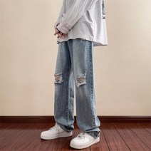 드롭 와이드 팬츠 슬랙스 연한색 클래식 구제 대미지 데님입니다 바지남자 루즈핏 스트레이트핏 일자 4995897571