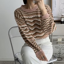 오오엘 여성용 펀칭 스카시 웨이브 4도스칼럽단R 라운드 니트