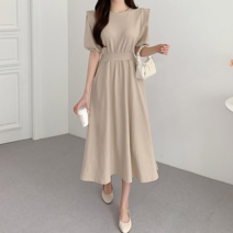 오너클랜 와이드 카라 버튼 귀여운 주름 여름 반팔 원피스