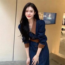 춘추용 여성 빅사이즈 데님 원피스 허리벨트 청원피스 긴팔 WZB