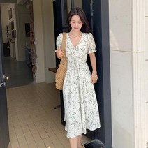 하이엔드 숲 꽃 쉬폰 롱 원피스 여성 여름 코디