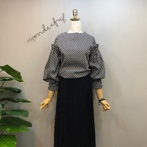라임브릿지 도트 퍼프 소매 라운드 블라우스