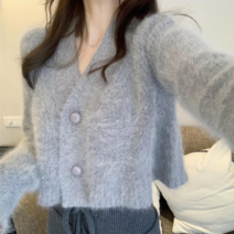 러브블러썸 TCHP01 포슬포슬 골드 버튼 크롭 모헤어 가디건