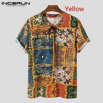 남성셔츠 에스닉 힙한 스타일 프린트 빈티지 셔츠 하와이 캐주얼 여름 v 넥 2022 레이스 업 반팔 의류 코튼 camisas 5xl 7