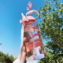 대용량 디톡스 빨대 빅사이즈 물병 생수통, 핑크 2L + 스트랩