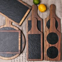 카페 우드 스톤 멜라민 브레드 디저트 빵 케이크 트레이 손잡이 접시 그릇, 5-원목 플레이팅 사각접시 소