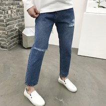 용된다 남자 일자핏 구제 워싱 찢어진 데님 청바지