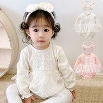 백일사진 돌사진 행사용 유아동 신생아 베이비 여아 봄 가을 간절기 심플 골지 자수 레이스 바디슈트& 헤어밴드 2종세트 (59-80사이즈) 손자선물 조카선물