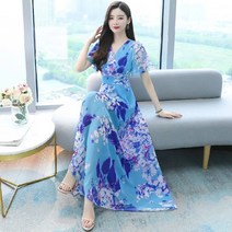 여자 여름 보들보들 프린트 꽃무늬 원피스 반팔 브이넥 롱 원피스 여성 30대 40대 50대 캐주얼 롱원피스