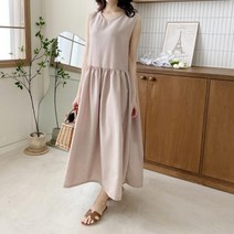다잇템 여자 민무늬 벚꽃룩 봄여름 후레아 슬리브리스 롱원피스