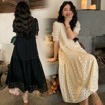 화이트 아이보리 블랙 펀칭 롱 원피스 빅사이즈 여름 드레스 편한 옷 의상 데일리 주말룩