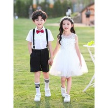 합창복 드레스 학예회 발표회 유니폼 럭셔리단복, 화이트-블랙 반소매 반바지 조끼 170cm