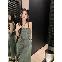 DFMEI 빈티지 워싱 퍼 데님 미디 오버롤 스커트 코디