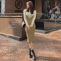 떳다그녀 펠리즈 배색 니트 롱 원피스