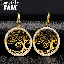 생명의 나무 크리스탈 스테인레스 스틸 라운드 귀걸이 여성 빅 골드 컬러 후프 Earings 보석 pendientes 드 aro E612780