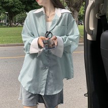 넷투넷코리아 여성 긴팔 스트라이프 심플 셔츠 빅사이즈 데일리룩