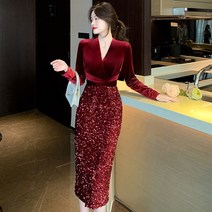 스팽글원피스 연말 파티 드레스 블링블링 반짝이 글리터 긴팔 스팽글 골드 벨벳 여성