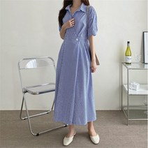 라잇문 랩 스트라이프 반팔 여성 셔츠 플레어 시원한 롱 원피스 (8575415)