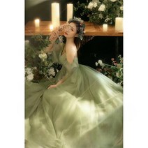 메쉬 그린 유색 벨라인 웨딩 피로연 파티 졸업식 드레스