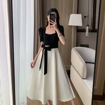 햅번 스퀘어넥 퍼프소매 A라인 블랙앤화이트 리본 원피스