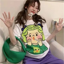 100 면 반소매 티셔츠 여성 여름 새 복고풍 인쇄 한국 유행 느슨한 반소매 탑