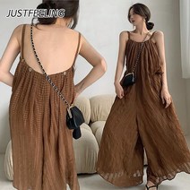 JUSTFEELING여자 빈티지 끈나시 롱원피스 여름 와이드 점프슈트 오버핏 린넨 롱팬츠