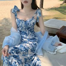 여행룩 원피스 어깨끈 여성스런 비치웨어 플라워패턴 롱원피스 미니원피스 하객원피스 치마 반팔원피스