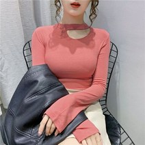 [이꾸띠] 뒤베 여성 봄 가을 라운드넥 트임 타이트 스판 무지 스타일리쉬 티셔츠