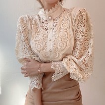 여성 레이스 펀칭 플라워 모티브 긴팔 차이나 셔츠 블라우스