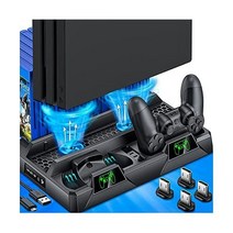 Kawaye PS4 Slim/PS4 Pro/PlayStation 4용 스탠드 냉각 팬 듀얼 컨트롤러 충전 스테이션 및 16개의 게임 스토리지가 있는 수직 쿨러 오거나이저 액세서리, 블랙 1