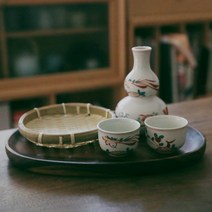 일본 주전자 도자기 주병 세트 술병 술잔 사케잔 (대나무 바구니 포함)