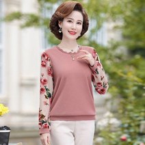 중년 여성 가을 티셔츠 라운드넥 긴팔 플라워 상의 봄 엄마옷 캐주얼 티셔츠 빅사이즈